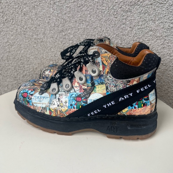 Vintage Y2K chunky Punk combat leather boots graffiti print The Art 38E - Picture 4 of 13